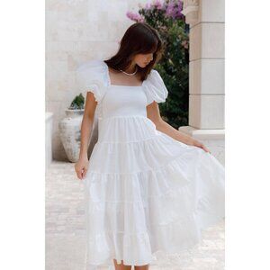PETAL & PUP Annette Puff Sleeve Midi A-Line Dress in White Size Small